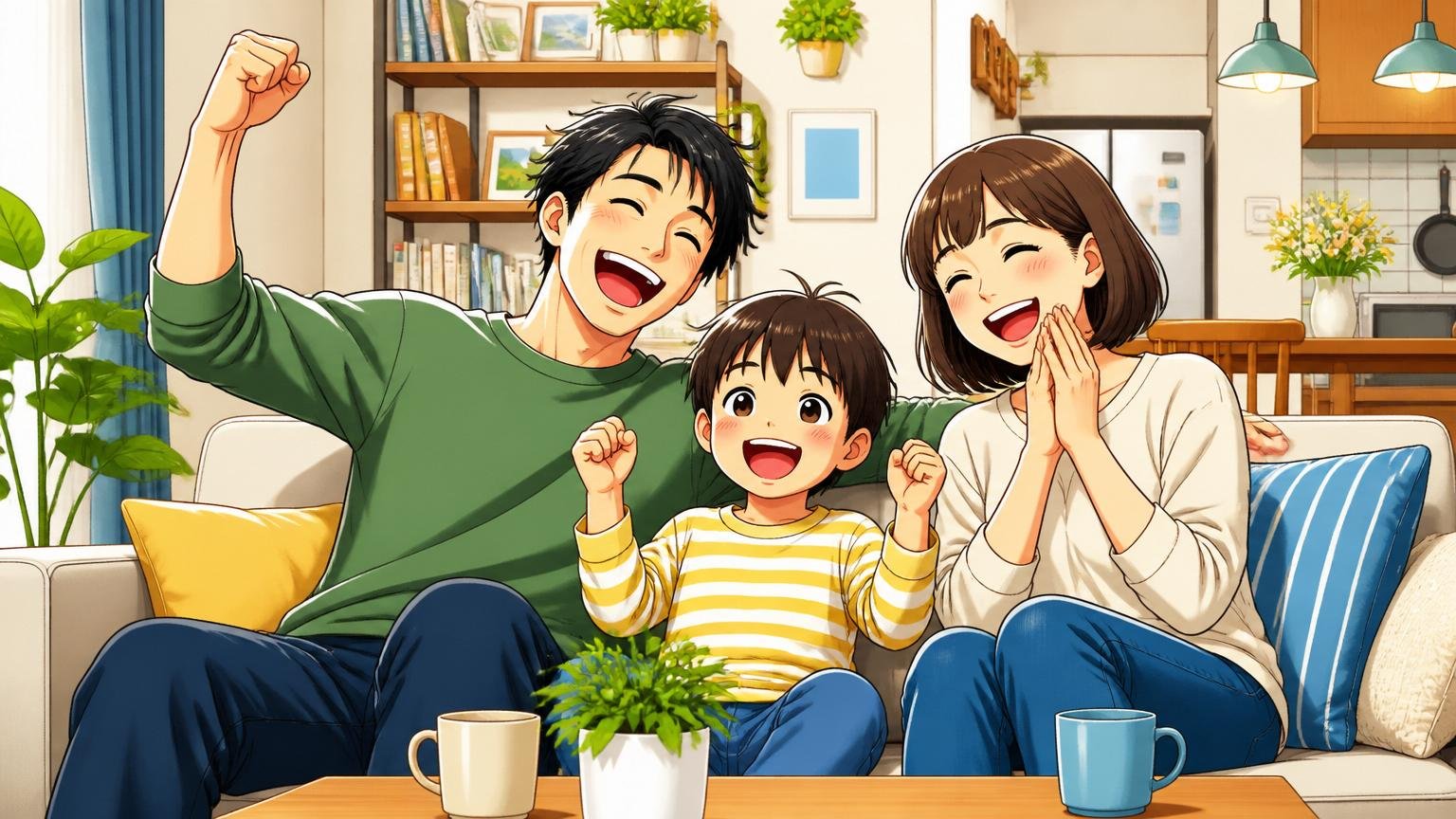 住宅補助・福利厚生の手厚さ、自宅のリビングでくつろぐシーン、家族3人、笑顔の表情