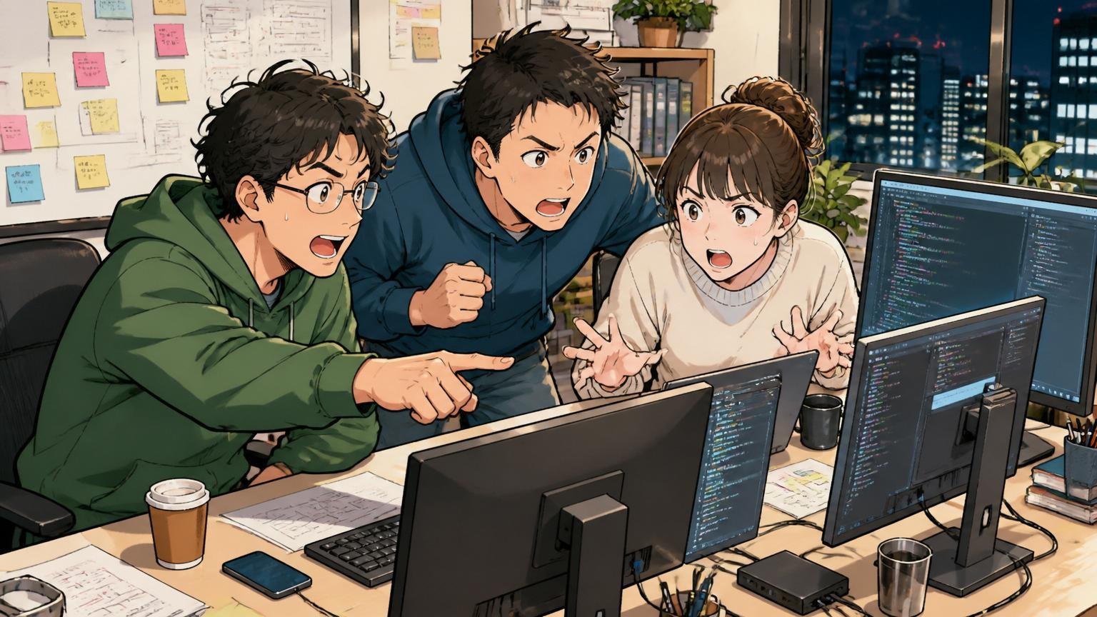 Web系スタートアップのオフィスで夜21時に複数のディスプレイに向かって打ち合わせを続ける3人のエンジニア