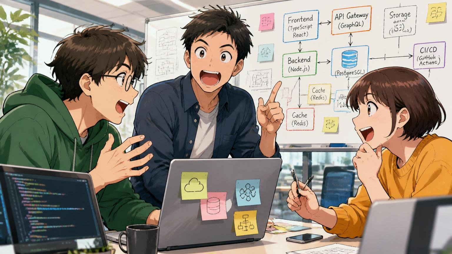 モダンな技術スタックを話し合うスタートアップエンジニア、Web系スタートアップのオフィスで3人