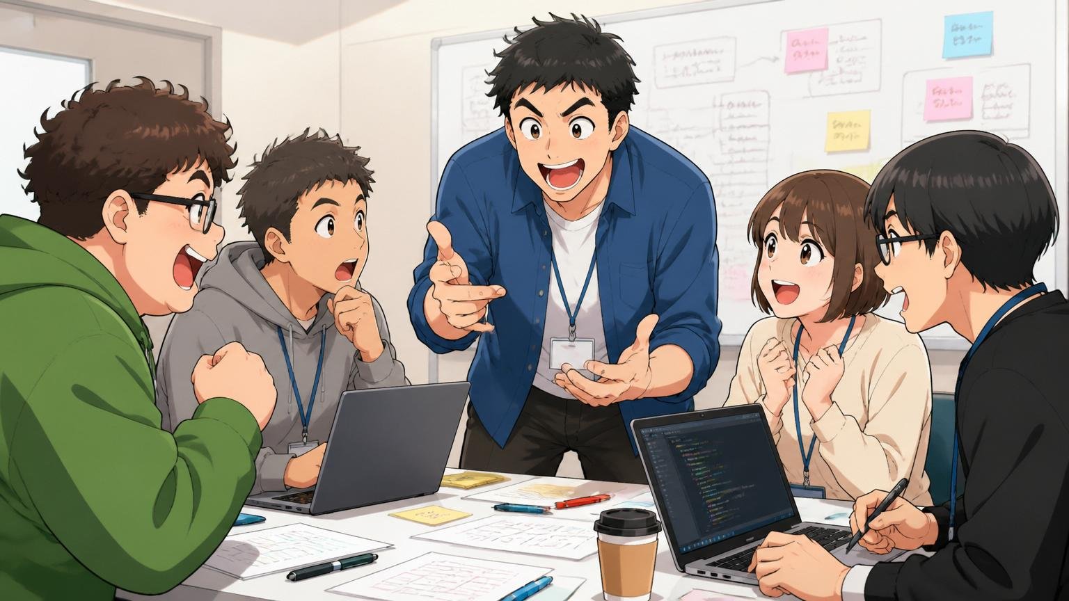 教育制度・研修プログラム。場所=企業の研修ルーム。登場人物=5人の若手エンジニア。動作=講師を中心にグループワーク