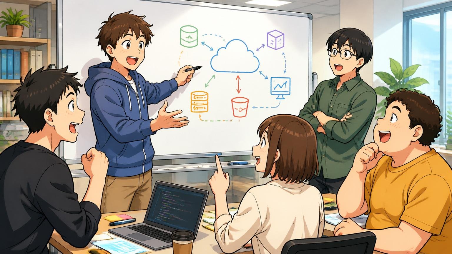 Web系スタートアップのオフィスでクラウド技術の勉強会を開く若手エンジニア複数名のホワイトボード前のシーン