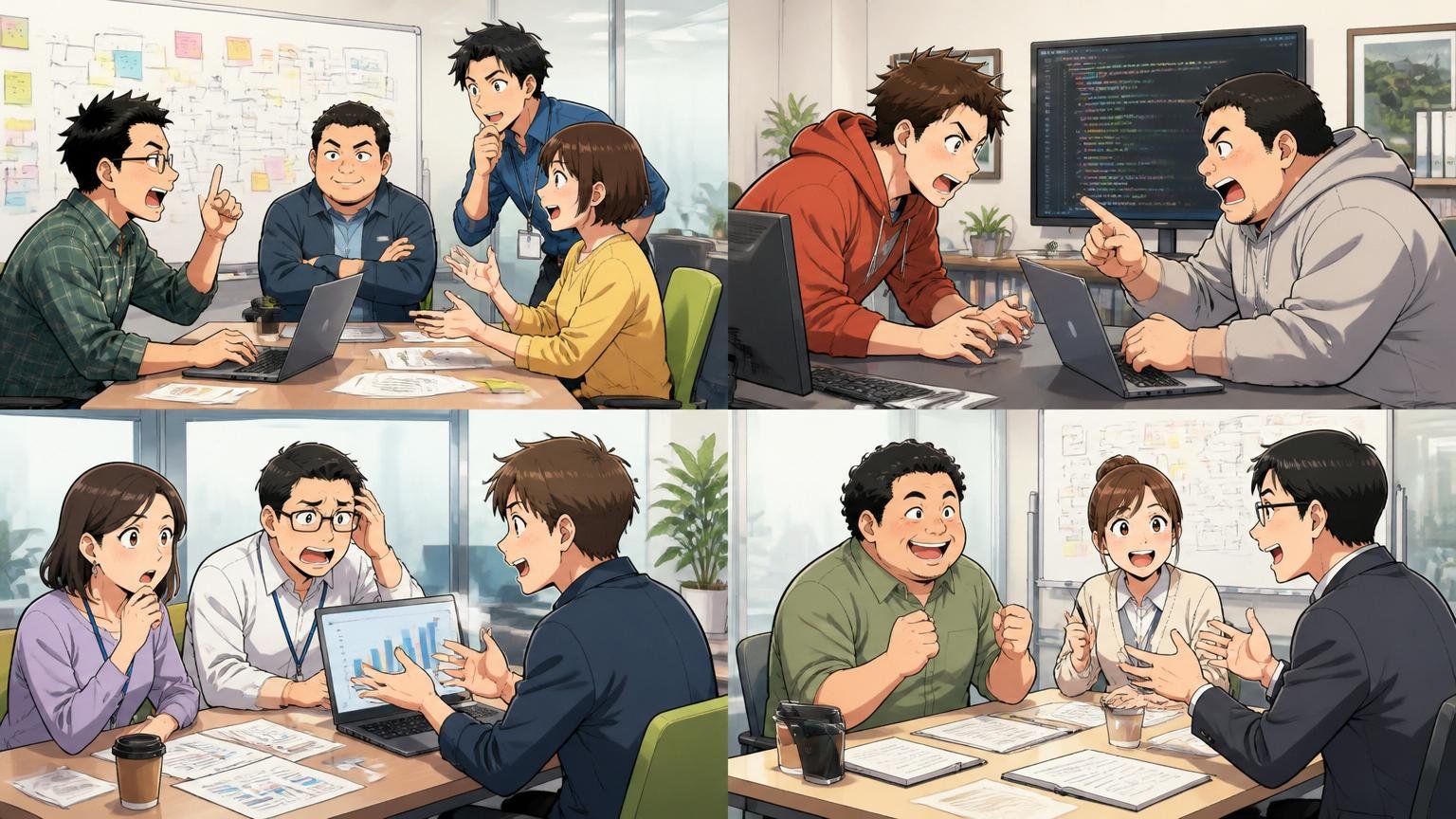SIerの開発現場で異なるチームの社員4人が雰囲気の違うミーティングをそれぞれ並行して行う場面