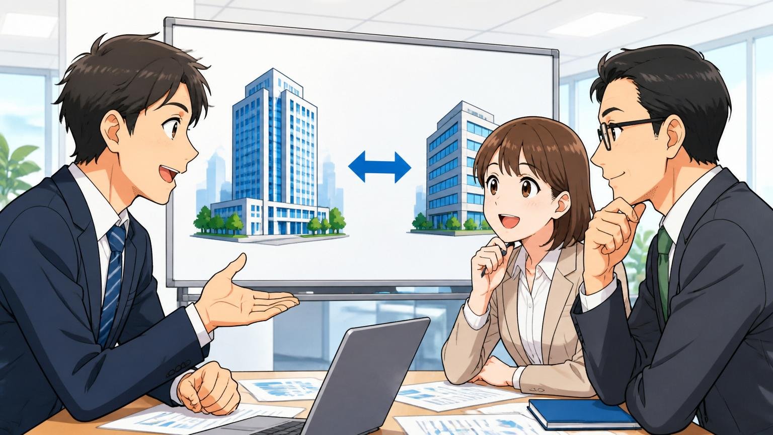 金融グループ本社ビルとSIerオフィスを矢印でつなぐ図解的構図のオフィス風景で、社員3人が安定した表情で打ち合わせをしている