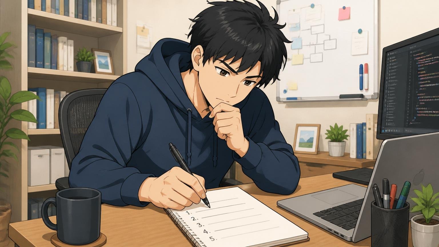 自宅のデスクでメモ用紙に優先順位を書き出して考える落ち着いた表情のエンジニア1人