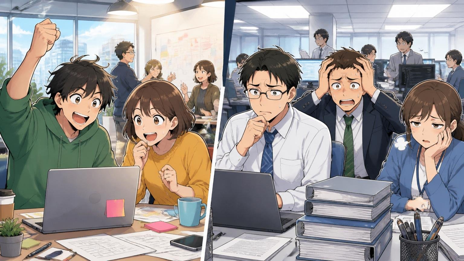 SES業態が向いている人と向いていない人を解説。Web系スタートアップのオフィスとSIerの開発現場で異なる適性のエンジニア4人が並ぶ対比的な表情