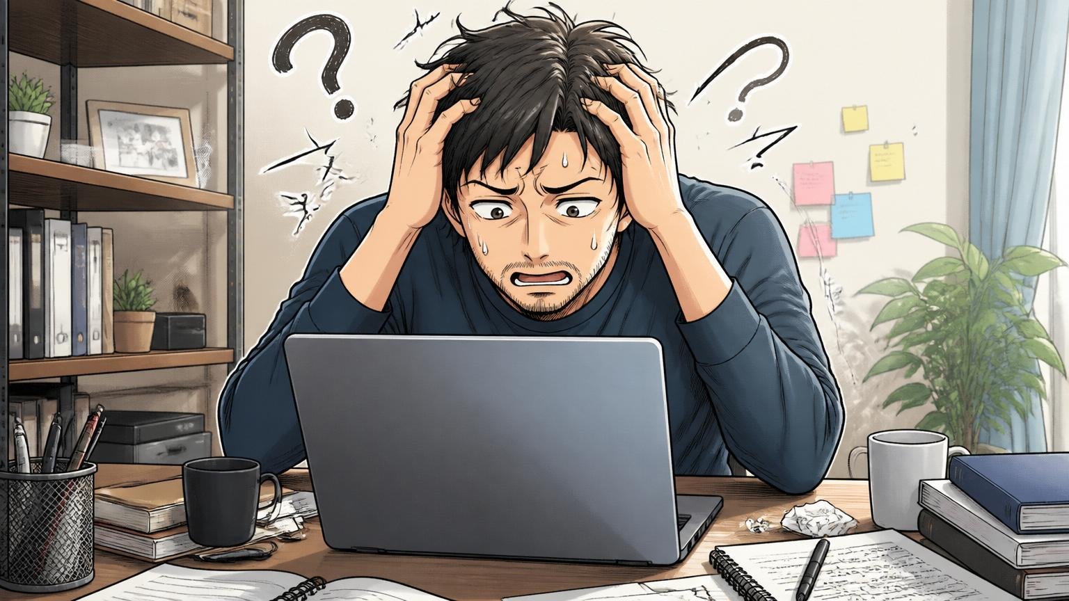 自宅のデスクで30代エンジニア1人が悩みながらノートPCの前で頭を抱える、迷いの表情