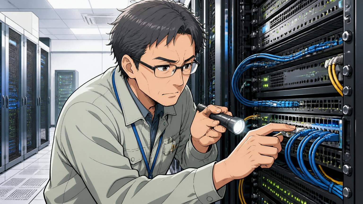 運用保守領域での専門性は身につく｜SIerの大規模データセンターでネットワーク機器を点検する40代男性エンジニア1人
