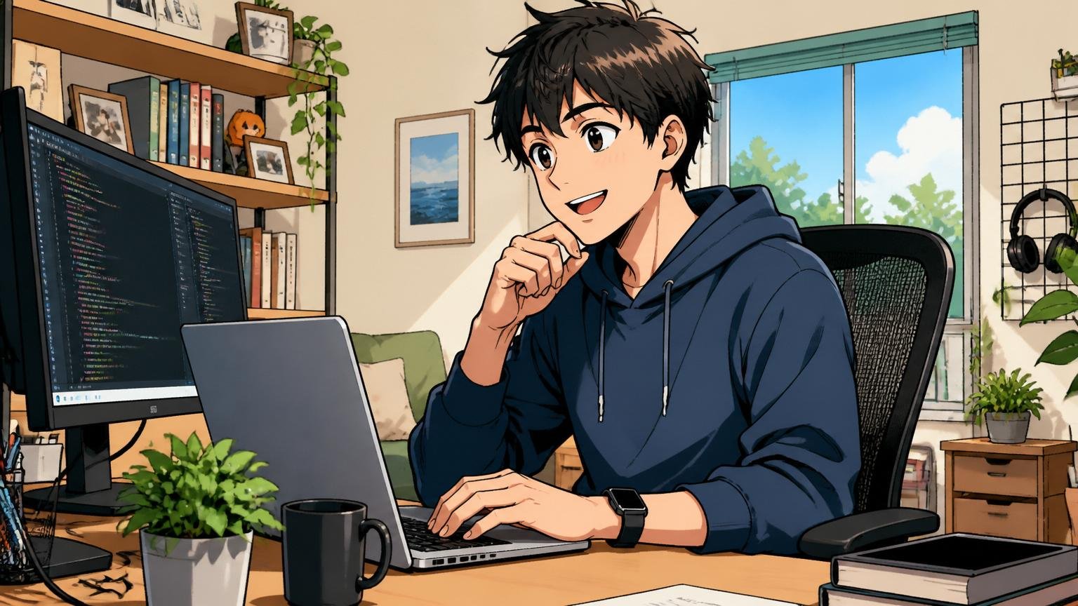 自宅のデスクでリモートワーク中のエンジニアがリラックスした表情でPC作業をする様子