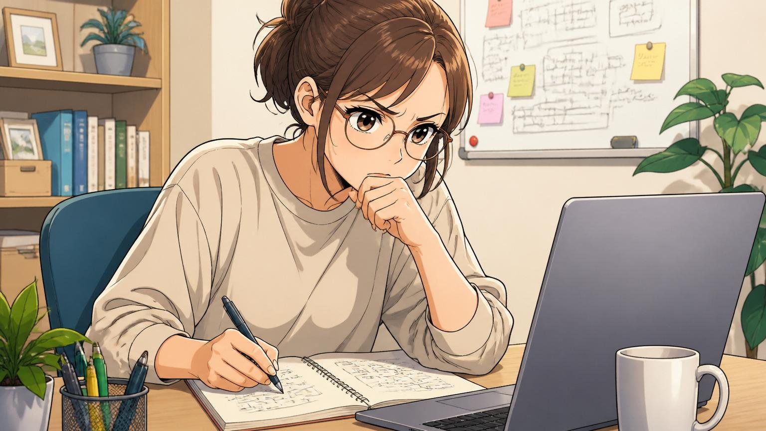 自問自答するエンジニア/自宅のデスクで在宅勤務/30代女性1人/ノートにペンを走らせて深く考え込む