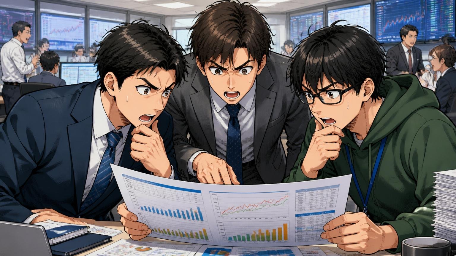 給与の伸び問題は外資系コンサルと自社開発と比較してこそ見える／投資銀行のフロア／コンサルタント2人とエンジニア1人／年収比較表を真剣に確認