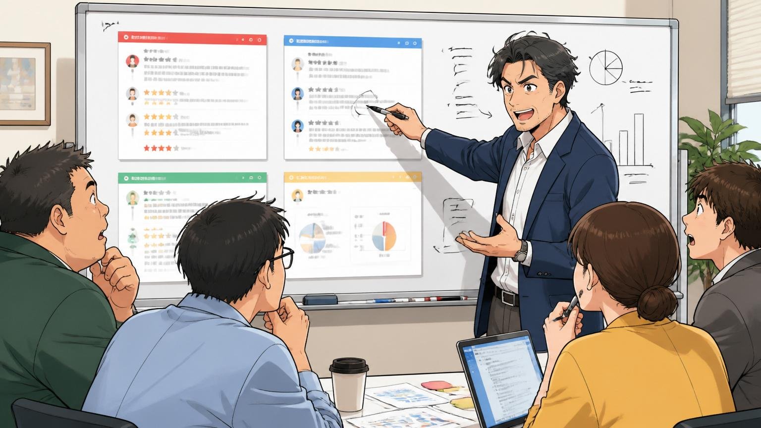 企業の会議室で40代メンター1人が複数の口コミサイト画面を映してホワイトボードで分析、洞察に満ちた表情