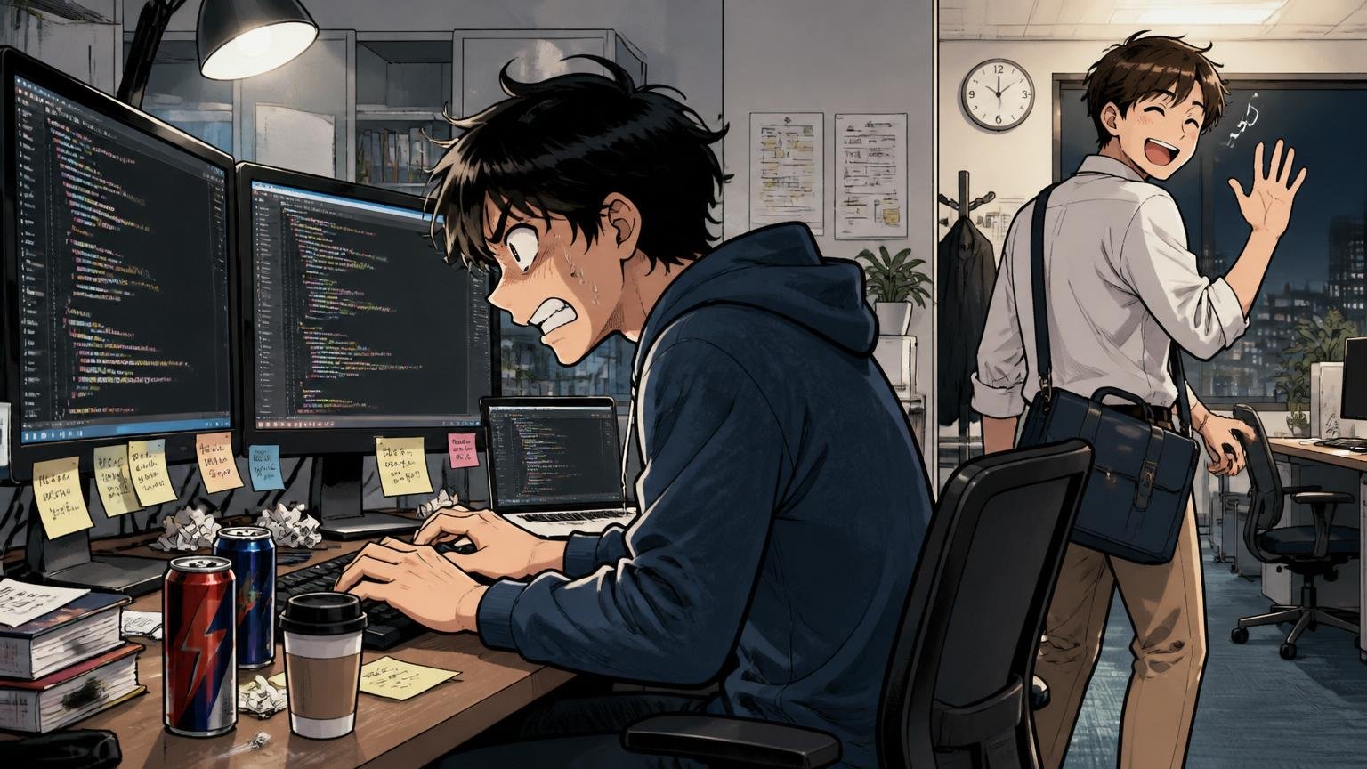 Web系企業のオフィスで深夜まで複数モニターを見ながら作業するエンジニアと、定時で帰宅準備する別の社員の対比シーン