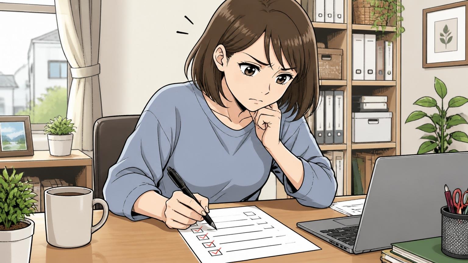 自宅のデスクで在宅勤務中の30代女性が紙のチェックリストにペンでチェックを入れながら考え込んでいる