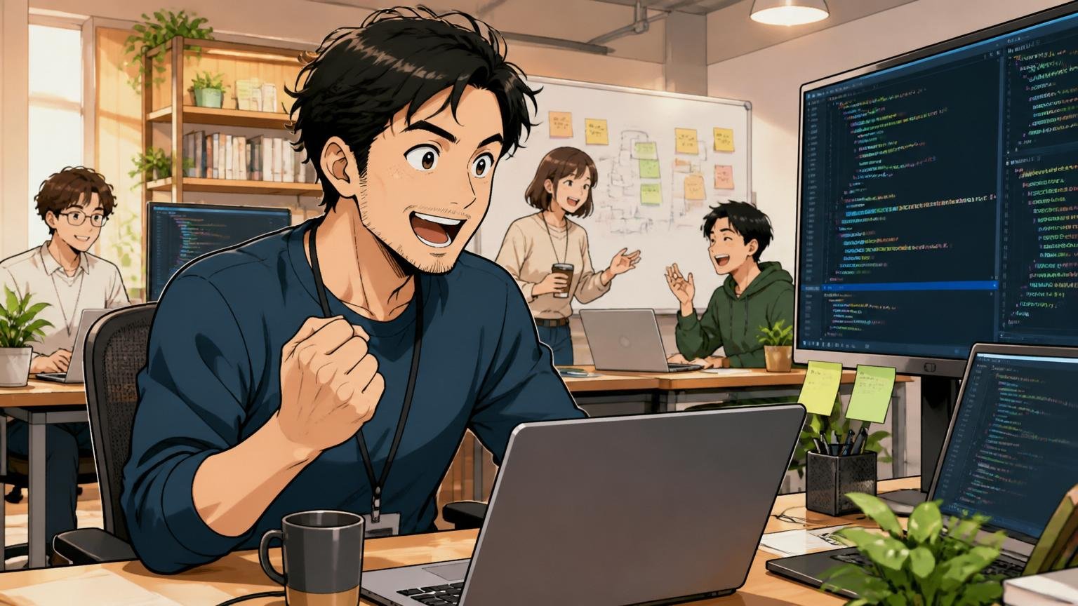 複数の現場を経験する30代エンジニアがWeb系スタートアップのオフィスで満足げに新しい技術スタックに触れている