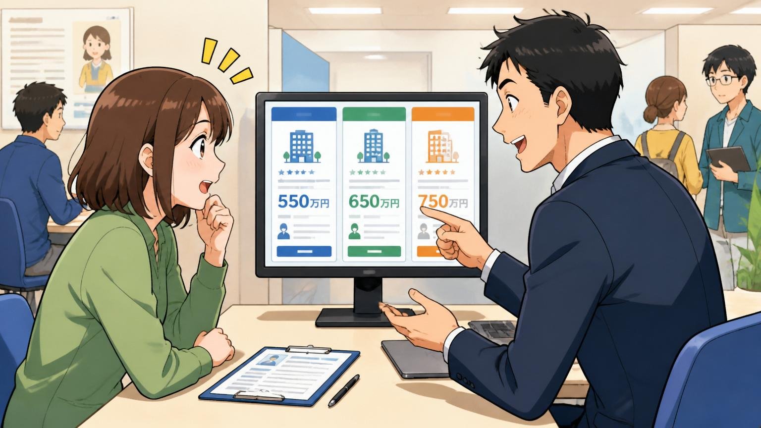 自分のポジションで実際いくら貰えるかを知る方法。Web系のキャリア相談ブースで男性エージェントと女性エンジニアが画面で求人比較をしている様子
