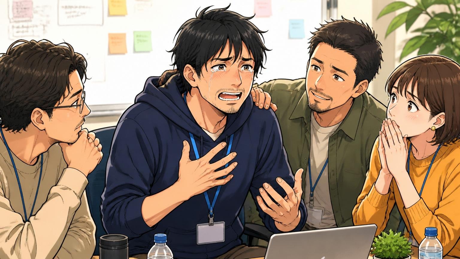 Web系スタートアップのオフィスで全社合宿のディスカッション中に涙ぐみながら語る30代男性メンバーと支える同僚