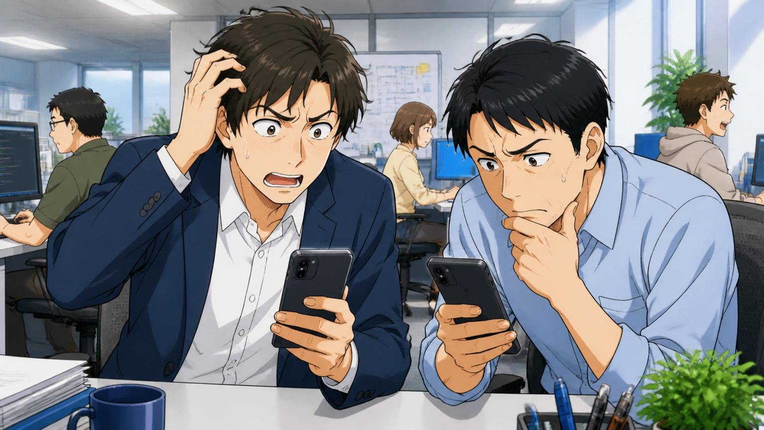 年収の頭打ち感と同業比較。SIerの執務スペースでスマホで給与明細を見比べる30代SE2名