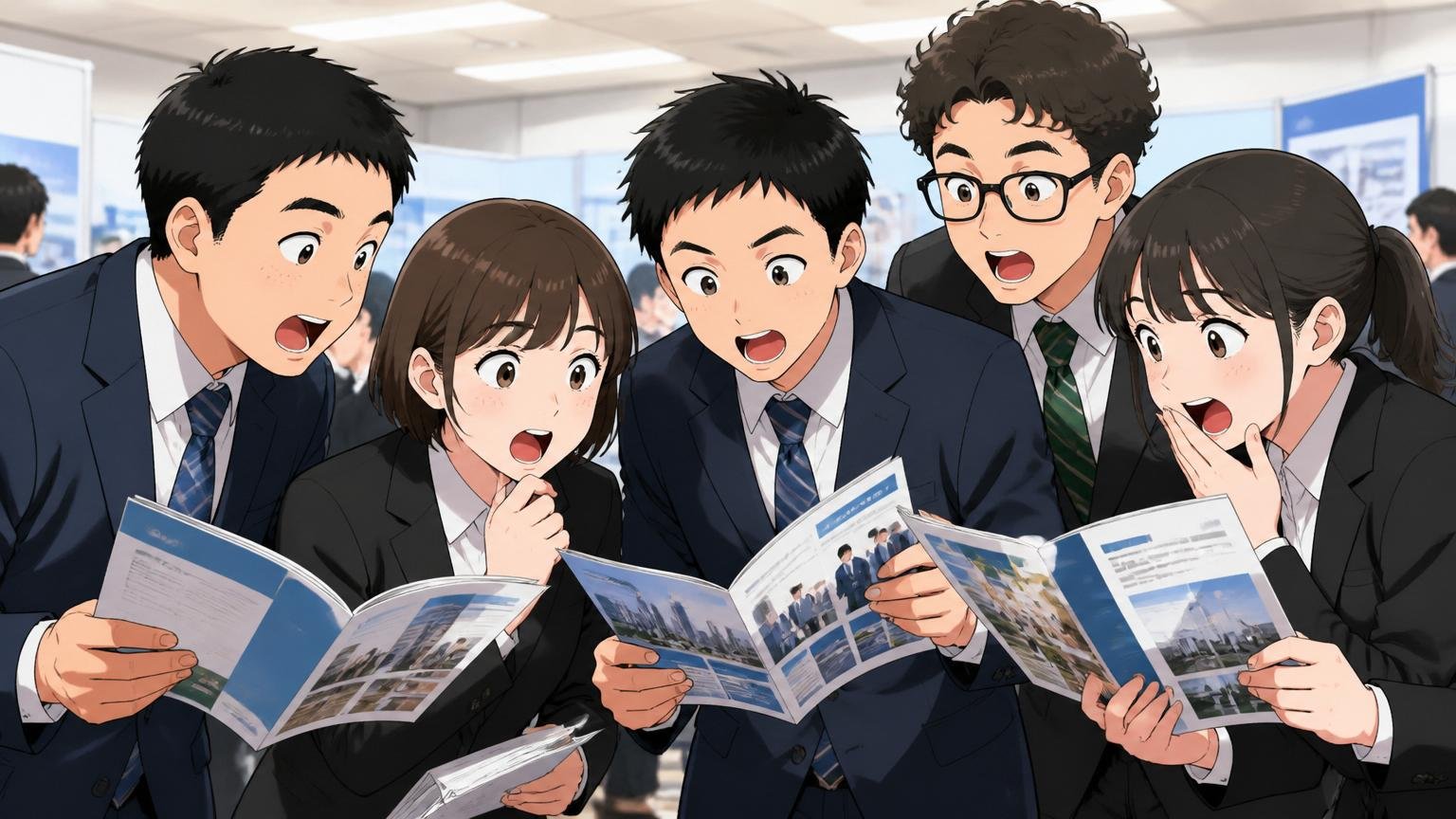 2026年新卒採用がオプトに移管された意味。就活セミナー会場で学生5人がパンフレットを見比べる