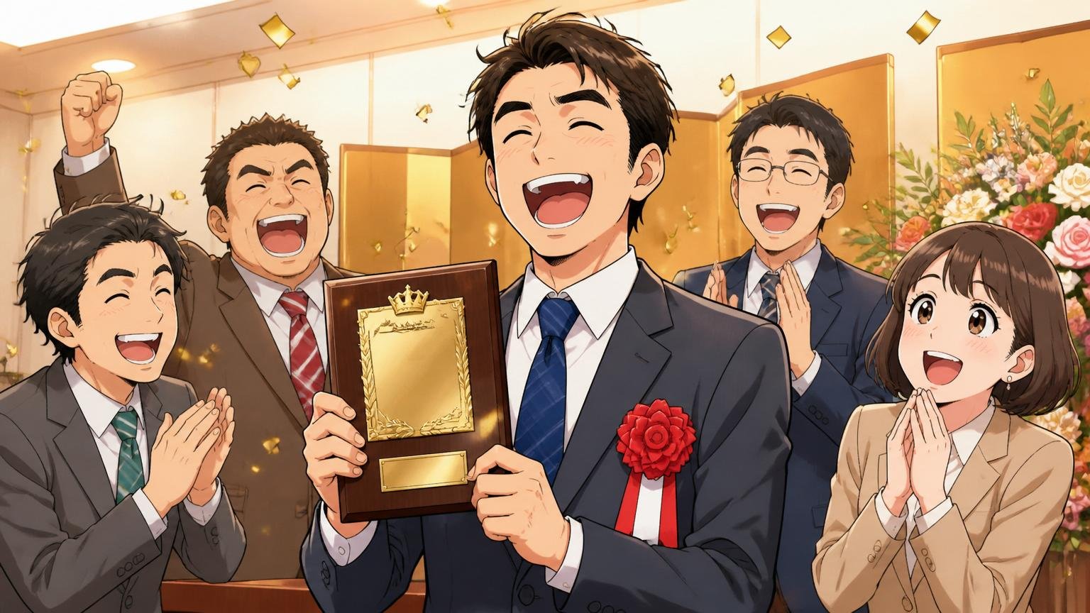 企業の表彰式で勤続表彰を受ける中堅社員と祝福する同僚たちが温かい雰囲気で集まる風景