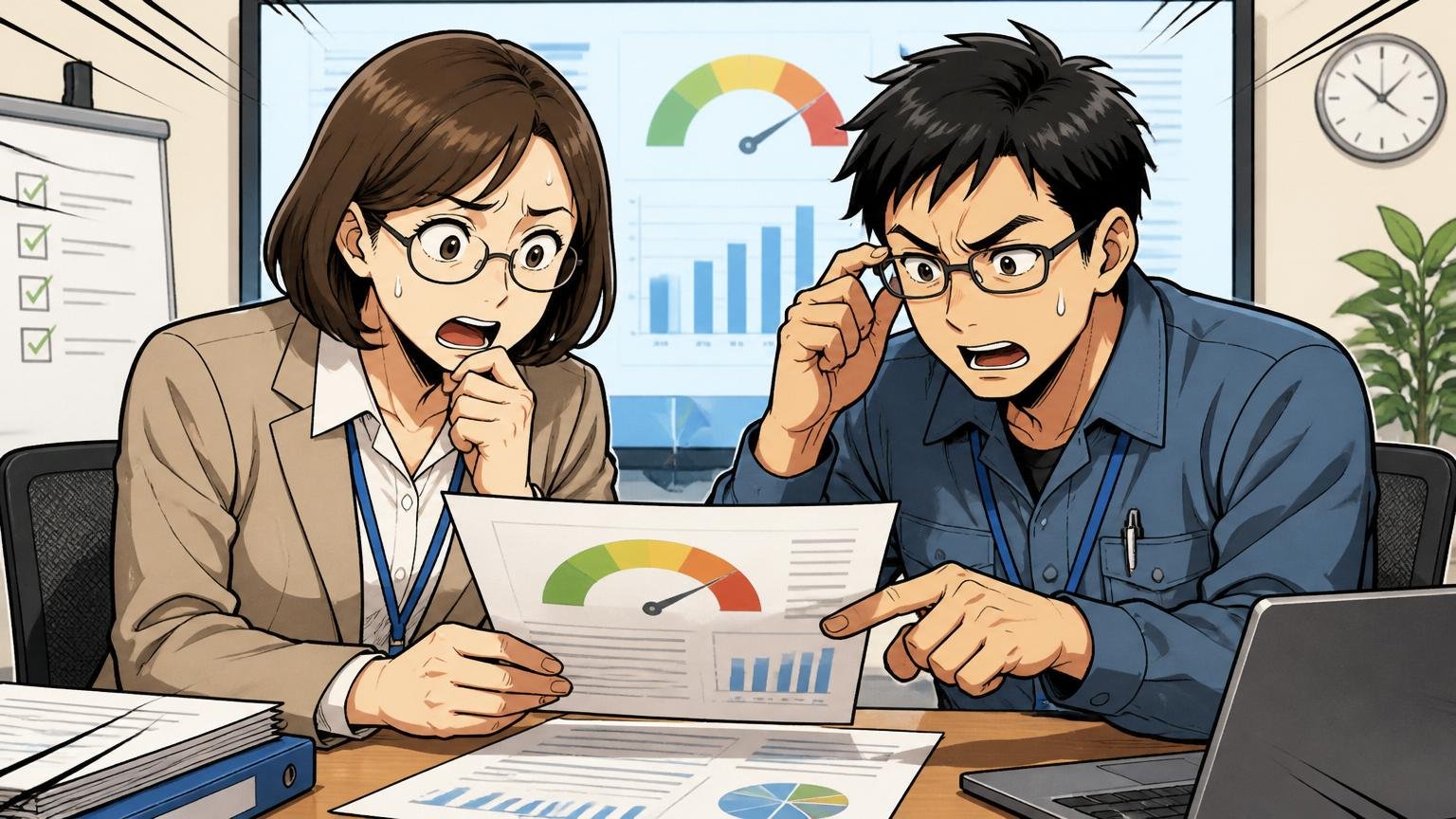 企業の会議室で総務担当者と中堅エンジニアが法令順守スコアの資料を真剣に確認している