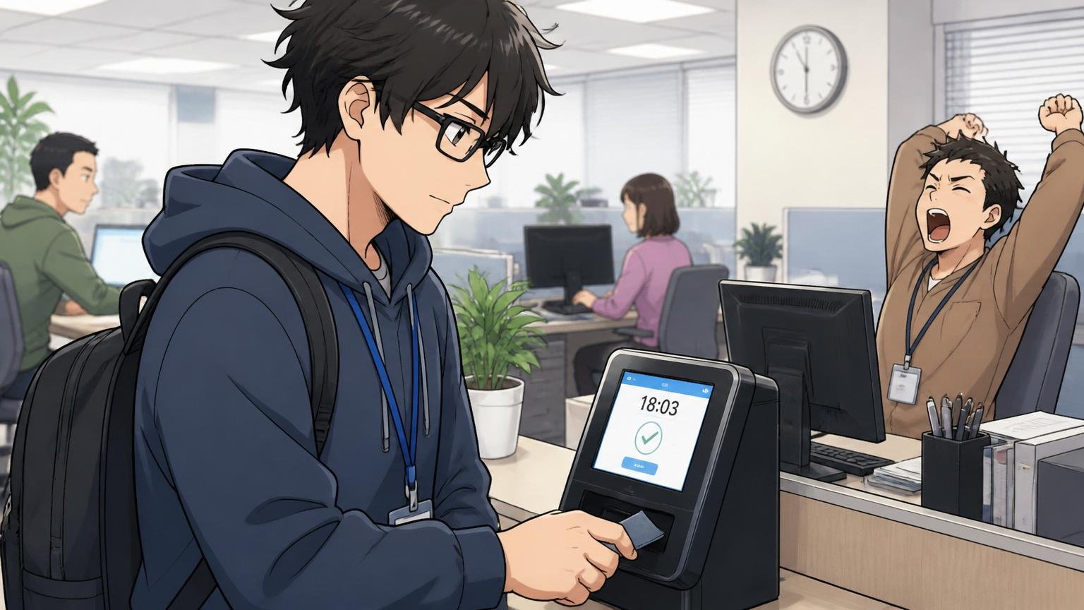 企業の打刻システムの画面を確認しながら退勤手続きをする30代エンジニア