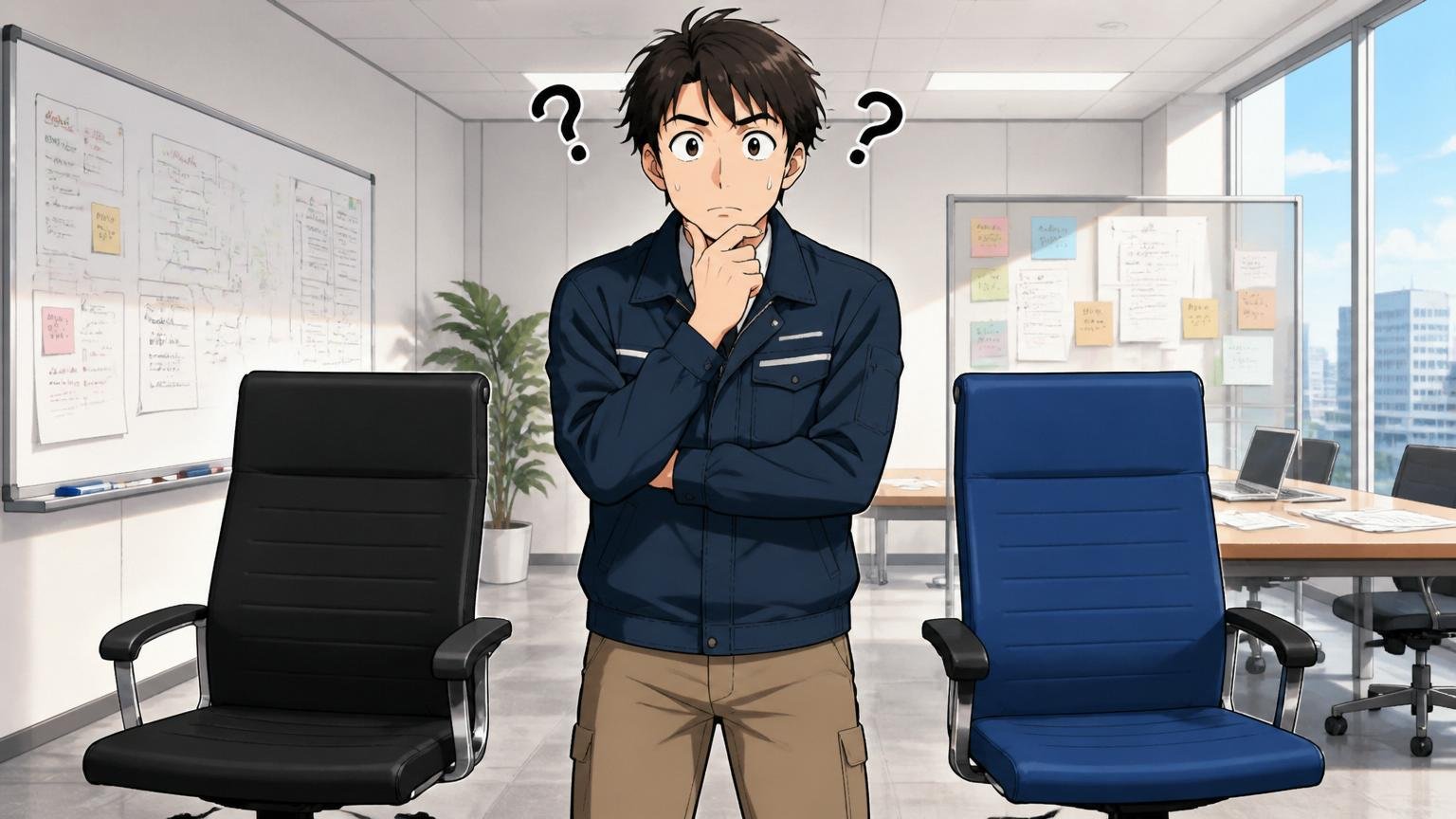 企業の会議室で2つの椅子を前に立っている男性エンジニアが、どちらに座るか迷っているような表情でこちらを向いている