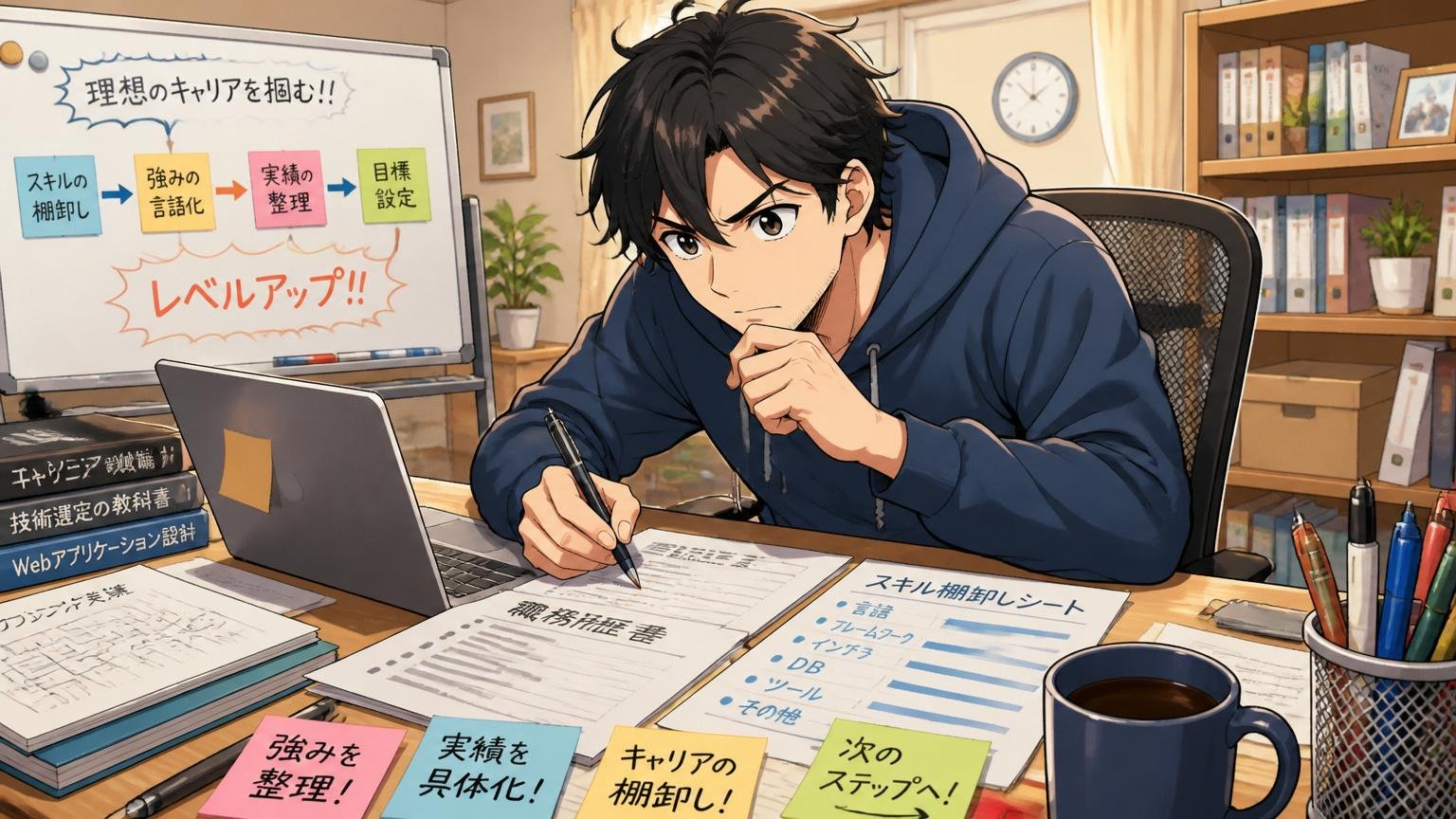 自宅のデスクで在宅勤務する30代エンジニアが職務経歴書を書き直しスキルを棚卸しする
