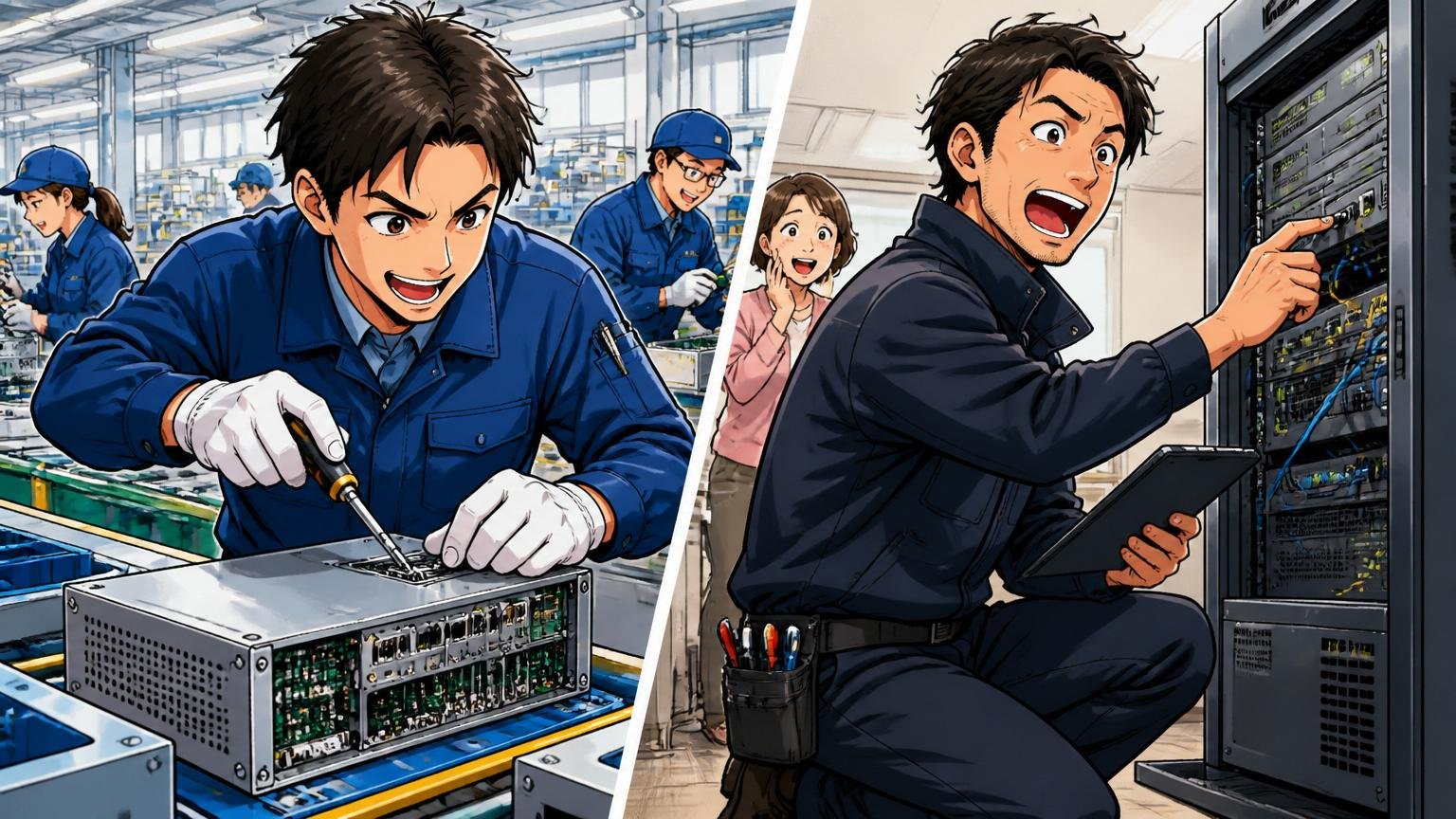 NECプラットフォームズとNECフィールディングとの違い。通信機器メーカーの工場で組み立てるエンジニアとサポート現場で保守する技術者の対比場面