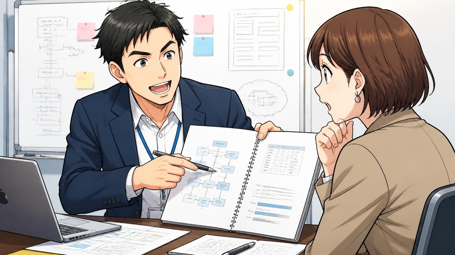 要件定義書を前に客先と打ち合わせする上流工程エンジニア。企業の会議室で資料を指しながら説明する30代男性1人女性1人