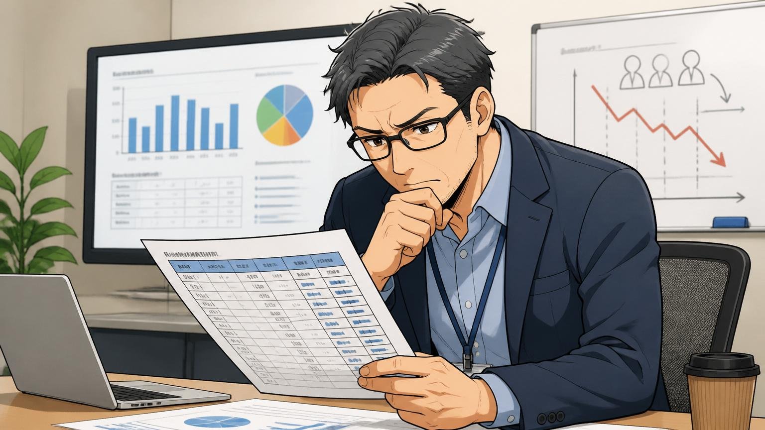 離職率・勤続年数の分析。Web系企業の会議室で40代男性人事担当者1人が勤続年数の表を眺め考え込む表情