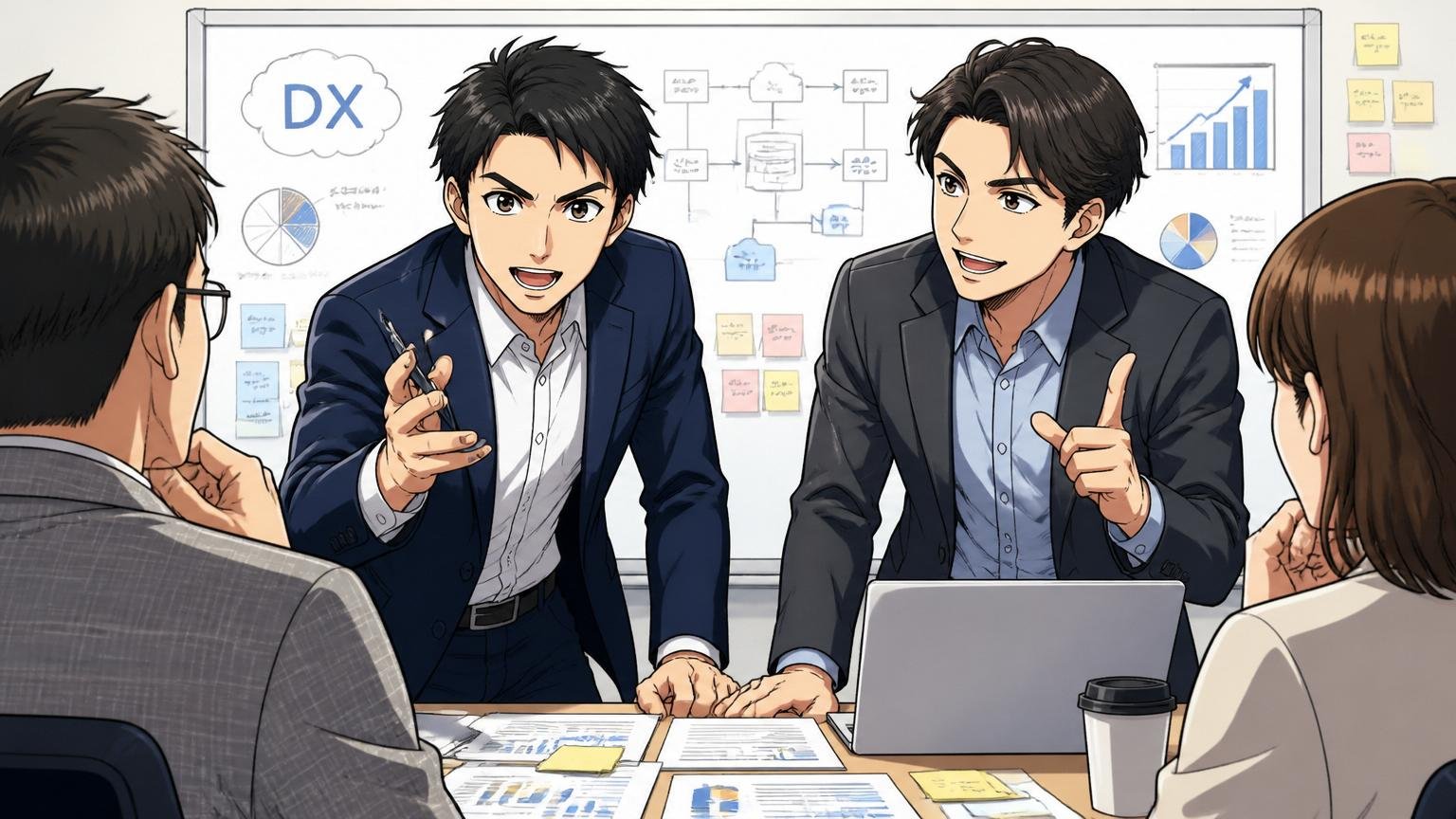 エンタープライズ企業のDXプロジェクト現場でクライアントと議論するシグマクシス出身コンサルタント2人、自信ある表情