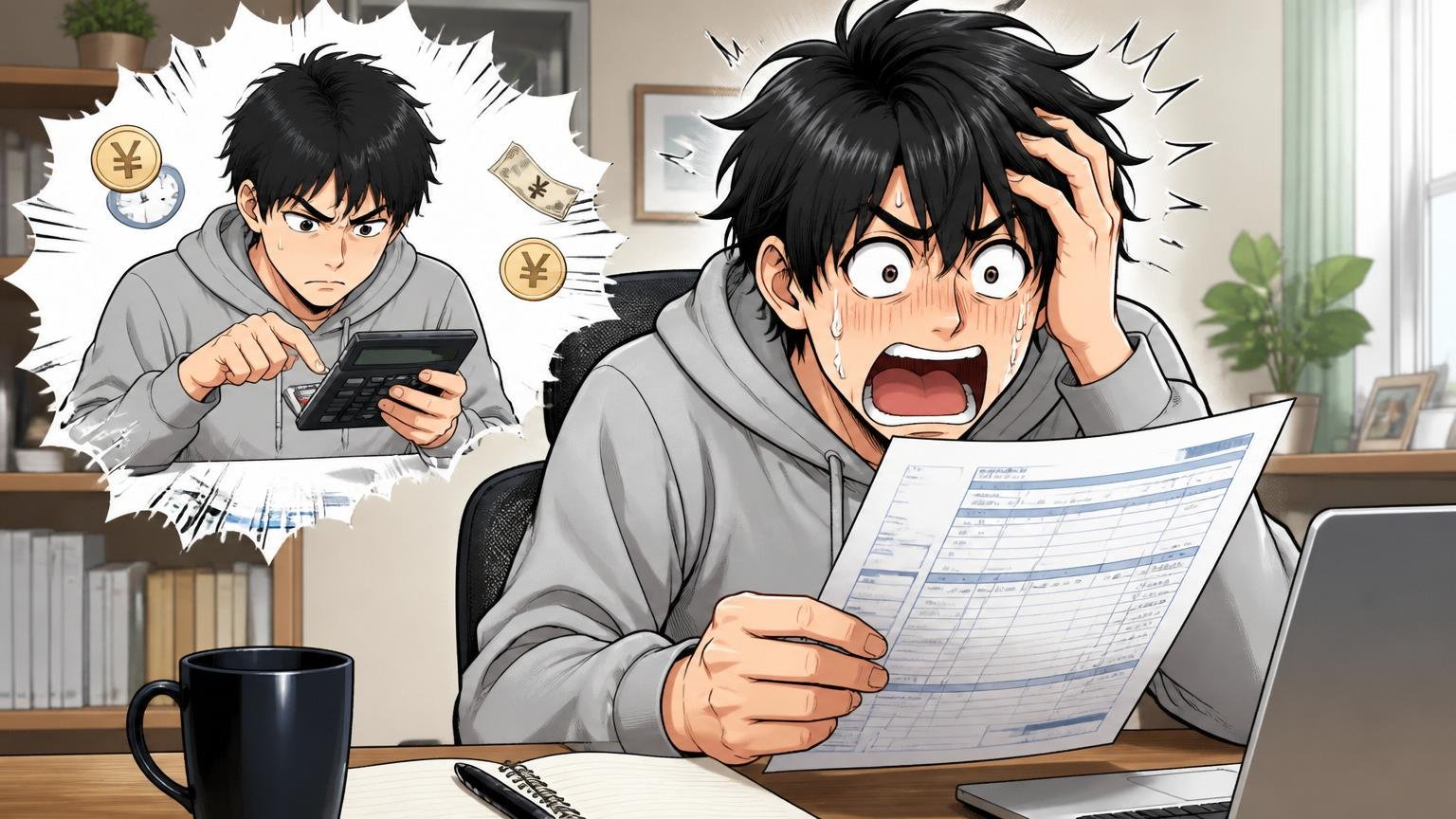 時給換算を電卓で計算するコンサル1名、自宅のデスクで給与明細を見ながら唖然
