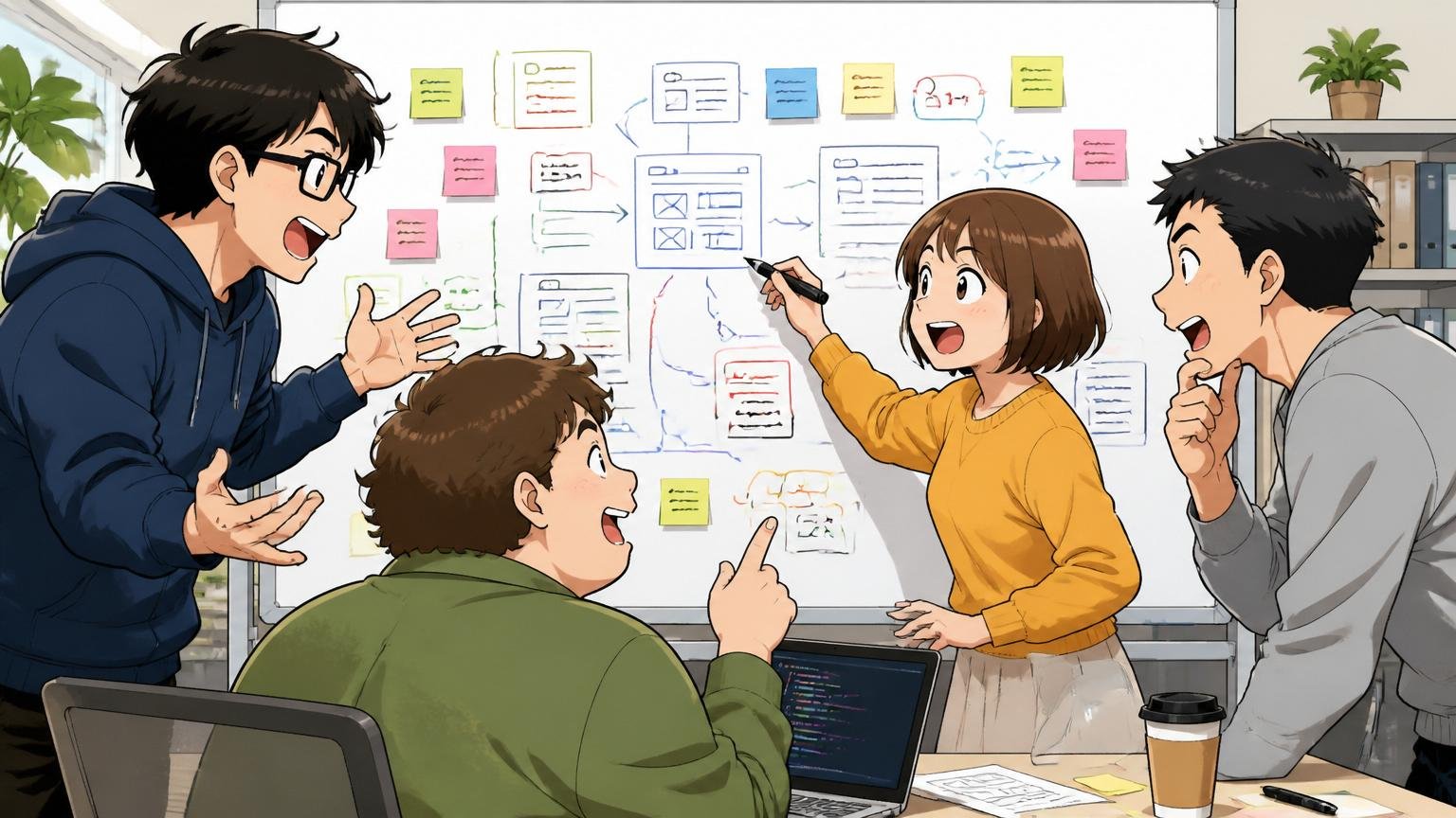Web系事業会社のオフィスで、エンジニアと事業部メンバー4人がホワイトボード前でフラットに議論する