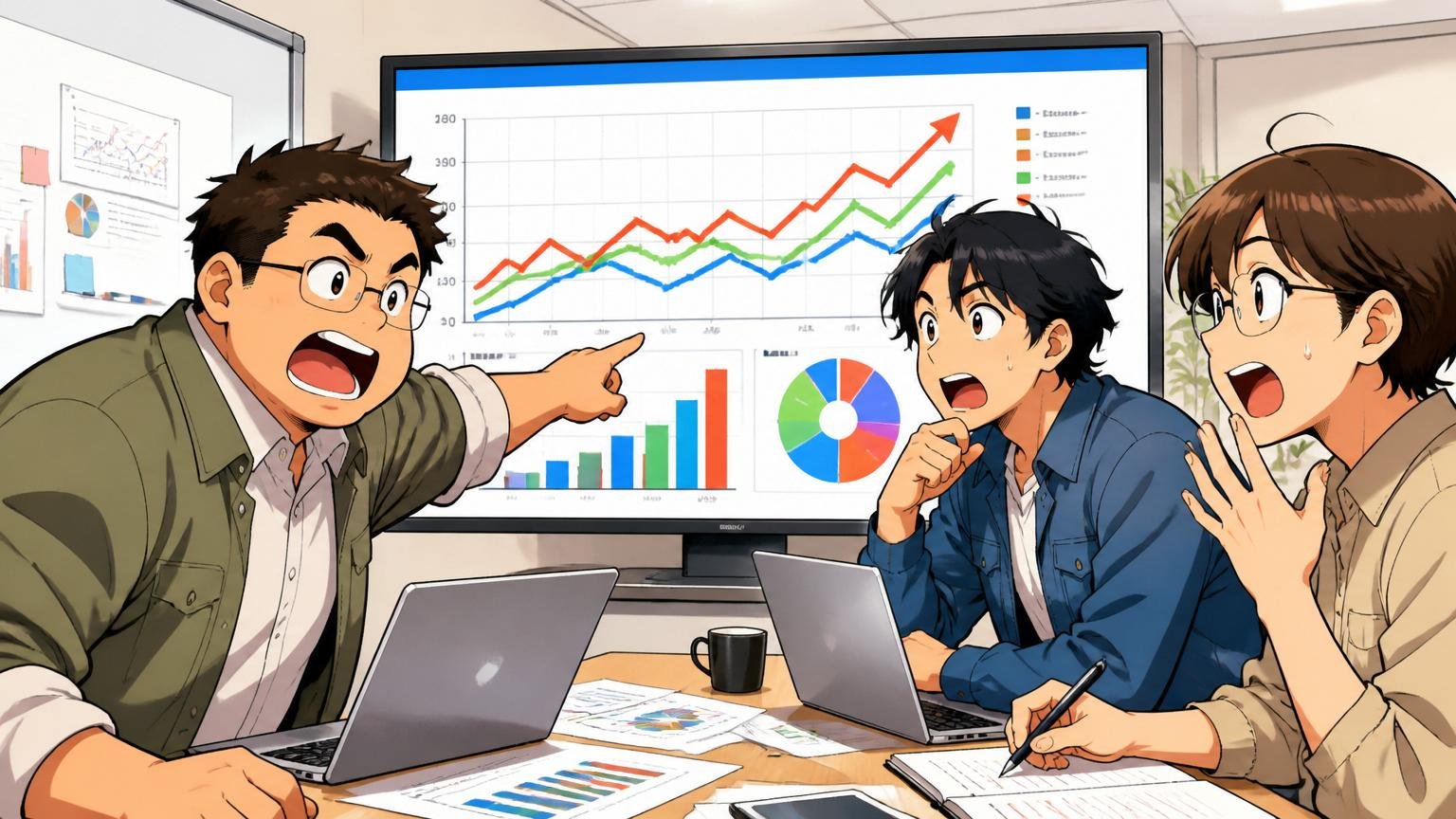 企業の会議室で市場予測グラフを前に話し合う3名のエンジニアたち