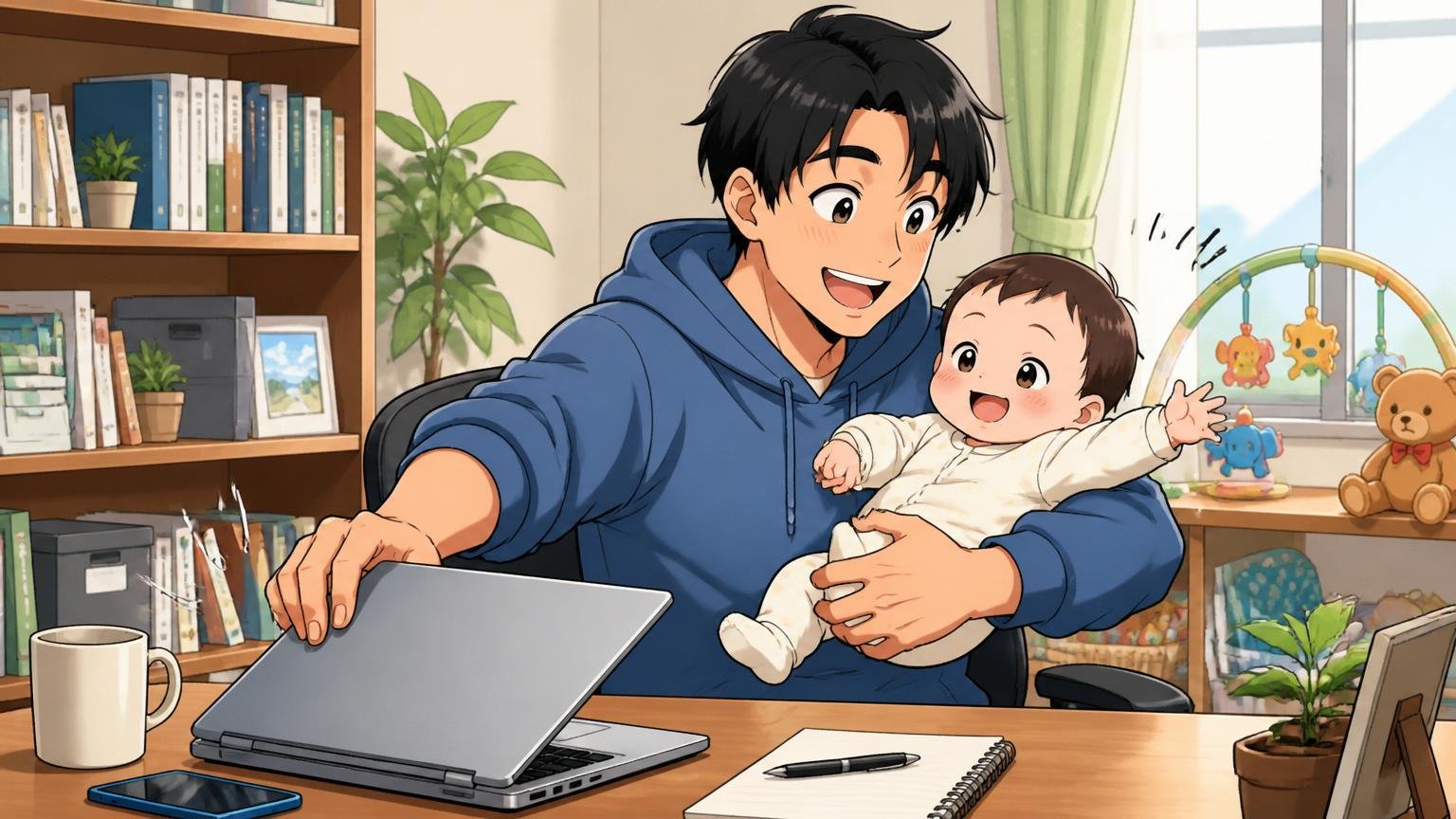 最大6年の育児・介護休暇を取得する場面、自宅で30代エンジニアが赤ちゃんを抱きながらPCを閉じる