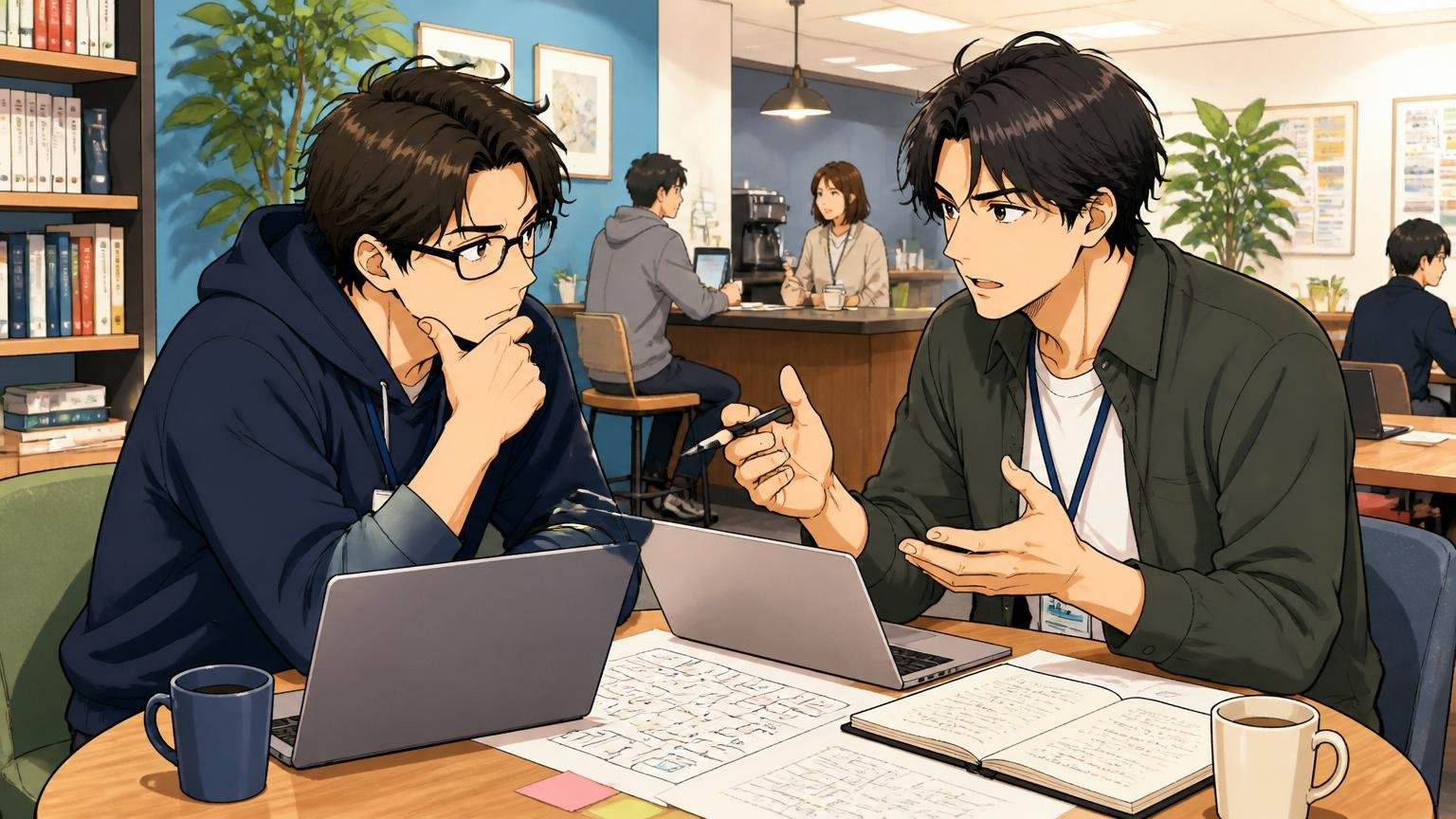 オフィスのカフェスペースで30代前半男性エンジニア二人が今後のキャリアについて真剣な表情で話し合う場面