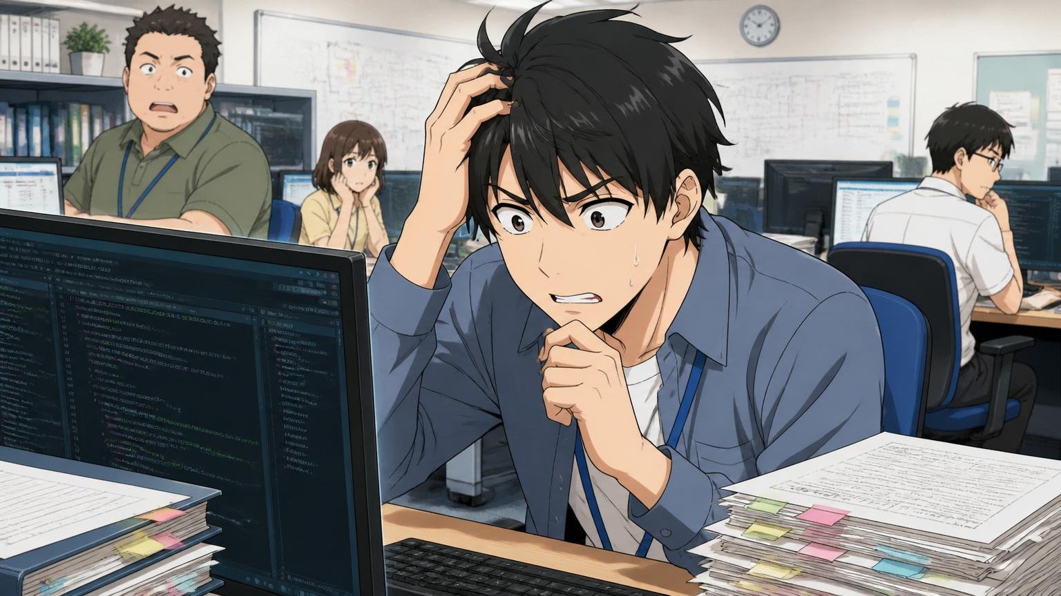 SIerの開発現場でレガシーコードを前に困惑する20代エンジニアの真剣な表情