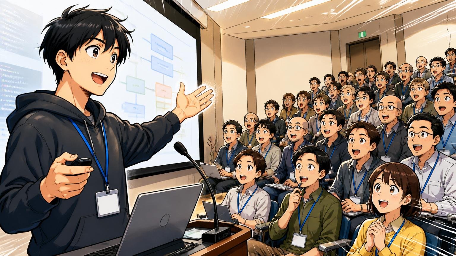 技術カンファレンスで登壇するエンジニアテックカンファレンス会場で発表する1人のエンジニア聴衆数十人