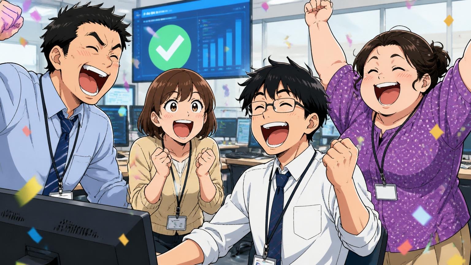 金融系基幹システム開発プロジェクトのリリース成功を喜び合う多様なメンバー4人のチーム