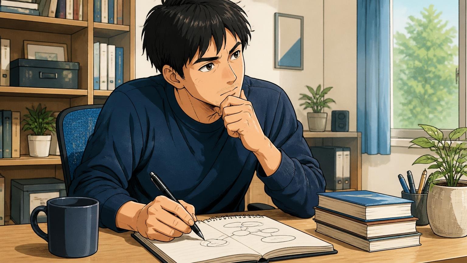 自宅のデスクでノートに自分の価値観を書き出す30代社員、内省する表情