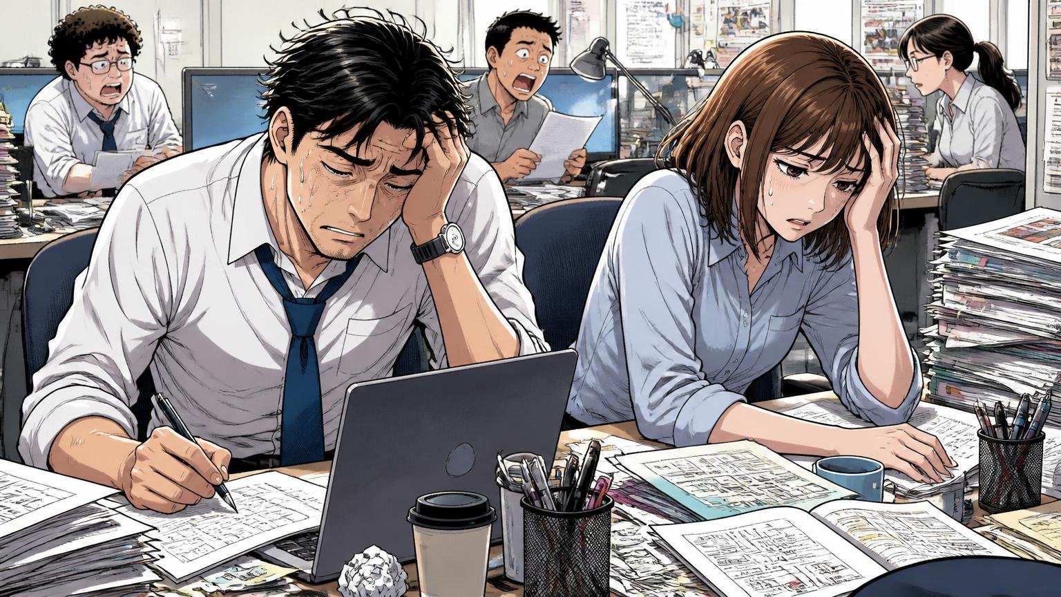 努力が昇給に連動しない。広告会社の現場で残業する30代男女が疲れた表情