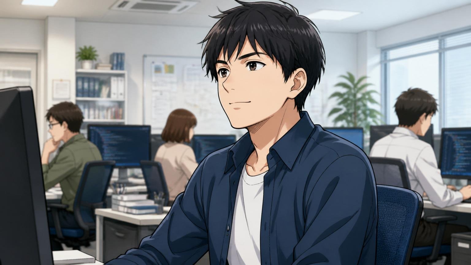 残るのも立派な選択。SIerのオフィスで男性エンジニアが落ち着いた表情で前を見据える