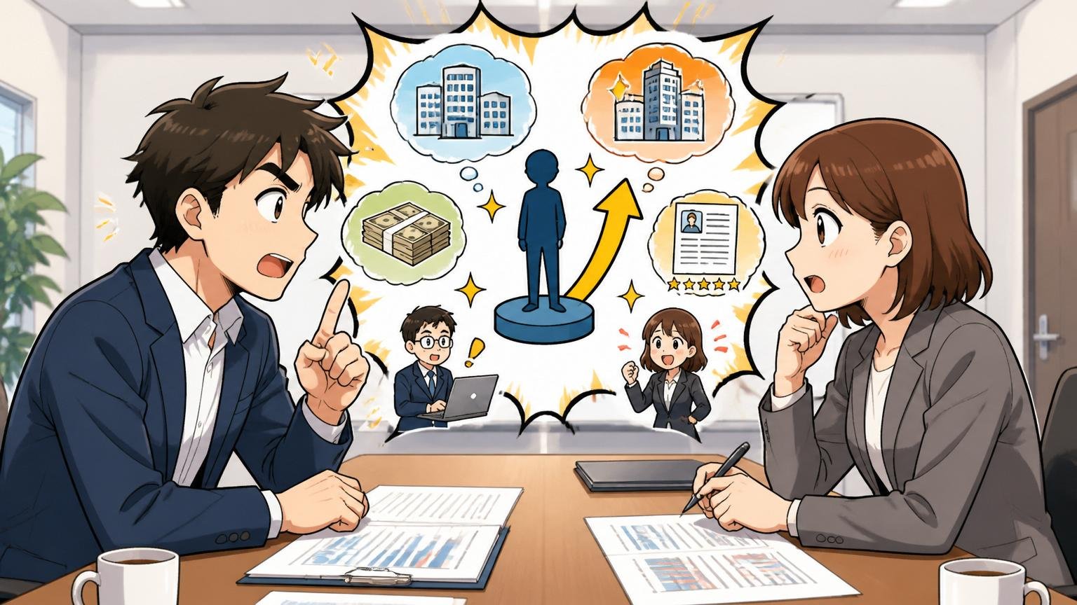 どちらを選ぶにせよ出発点は自分の市場価値を知ること。会議室で男女2人が向き合って相談する