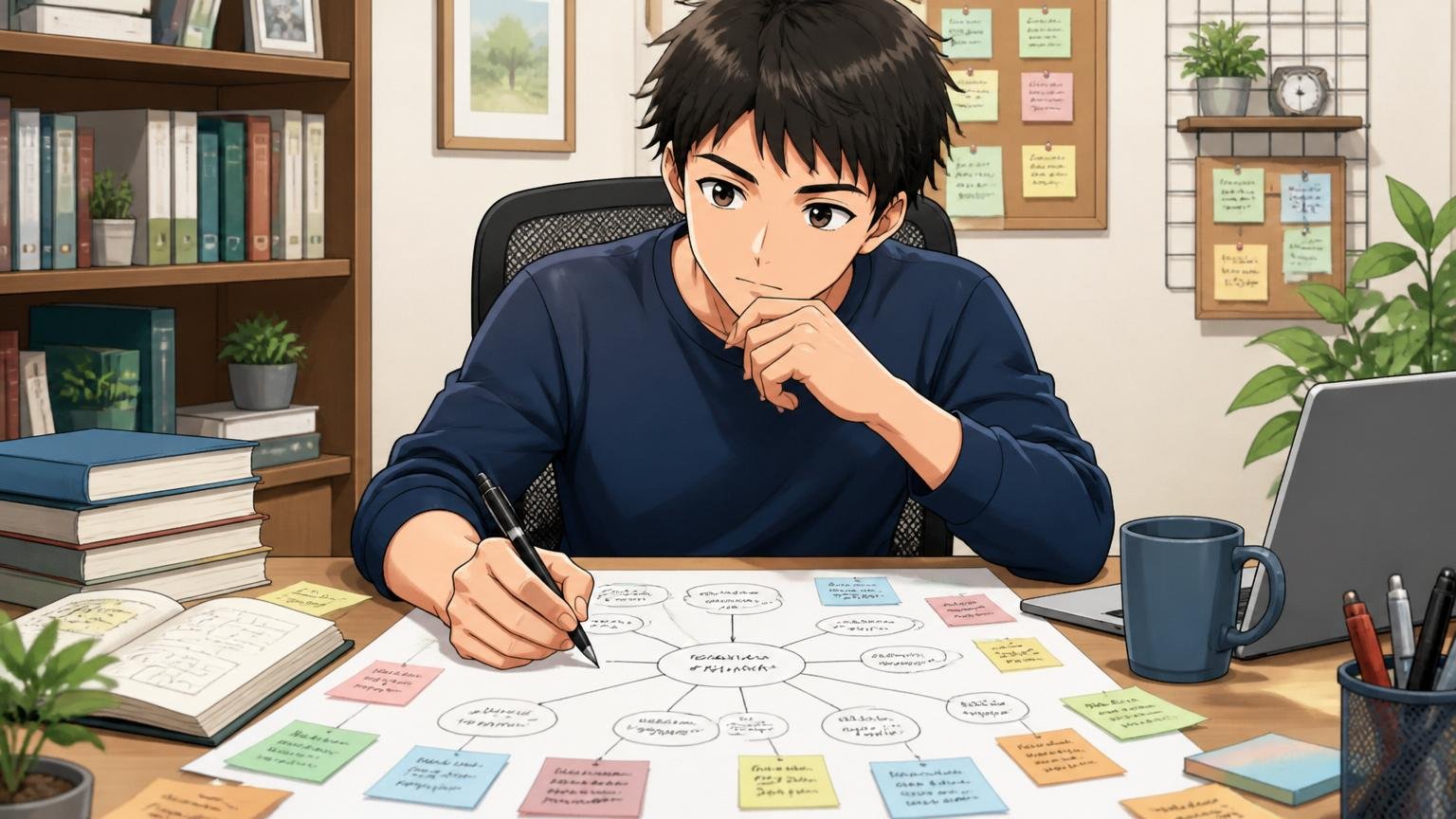 自宅のデスクで落ち着いた表情でキャリアの選択肢を紙に書き出して整理する30代エンジニア1人