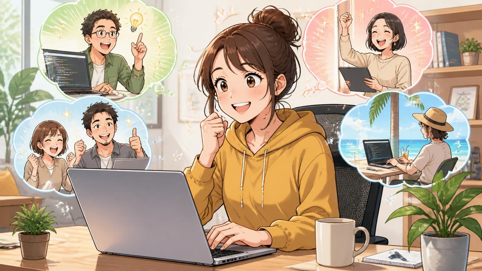 年収では測れない価値の技術ブランドや働き方 自宅で在宅勤務しながら満足げに働く女性エンジニア1人