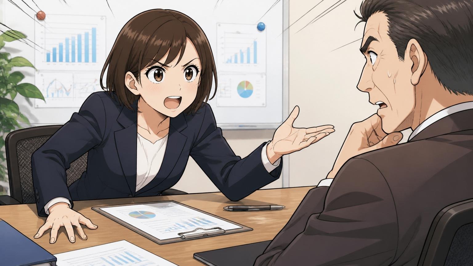 市場価値を知ることは残る人にとっても武器になる。企業の会議室で女性社員が上司と評価面談で交渉する