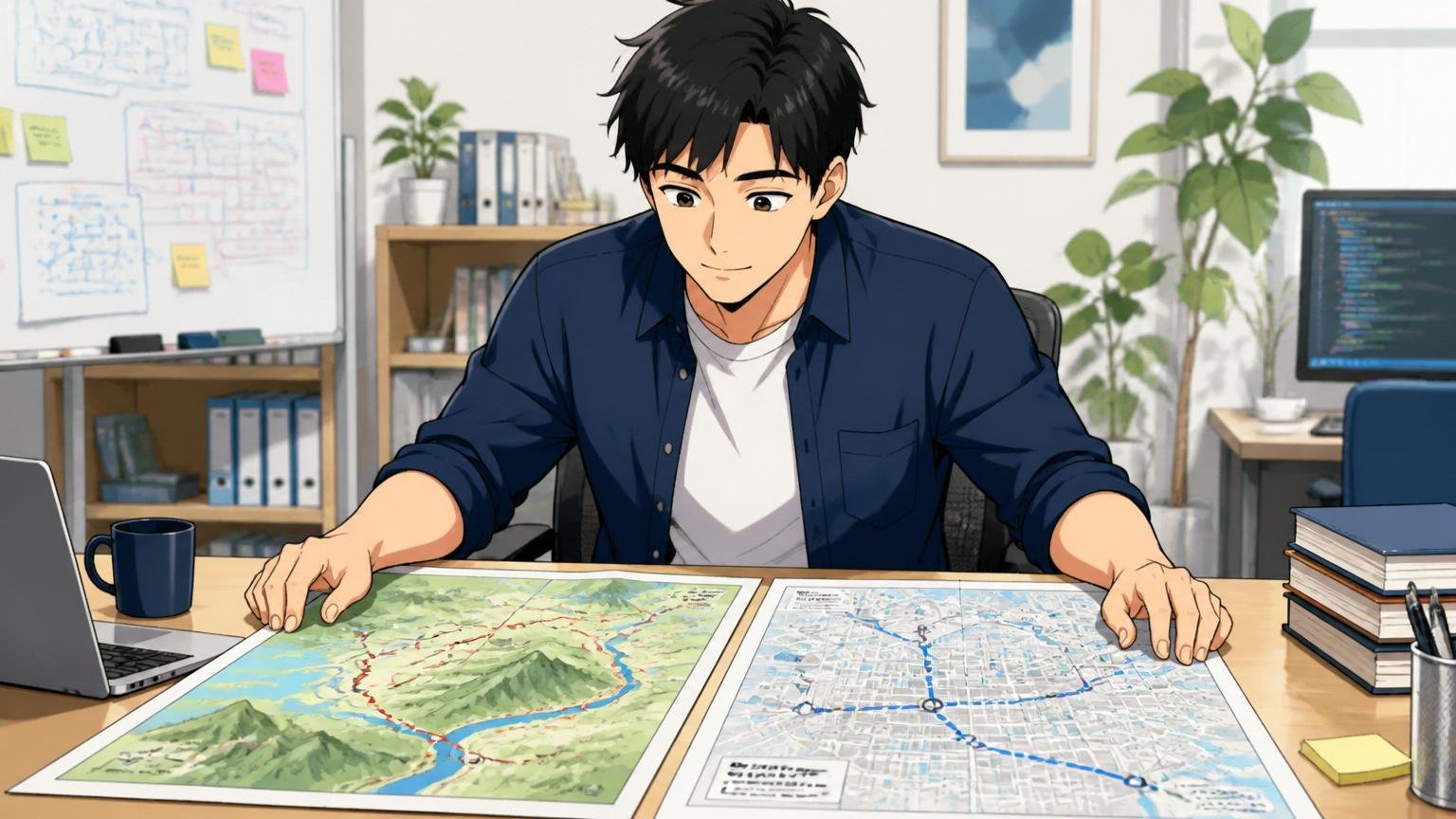 二択ではなく両方の戦略を持つという考え方｜机に2枚の地図を広げて見比べる30代男性エンジニア1人、すっきりした表情