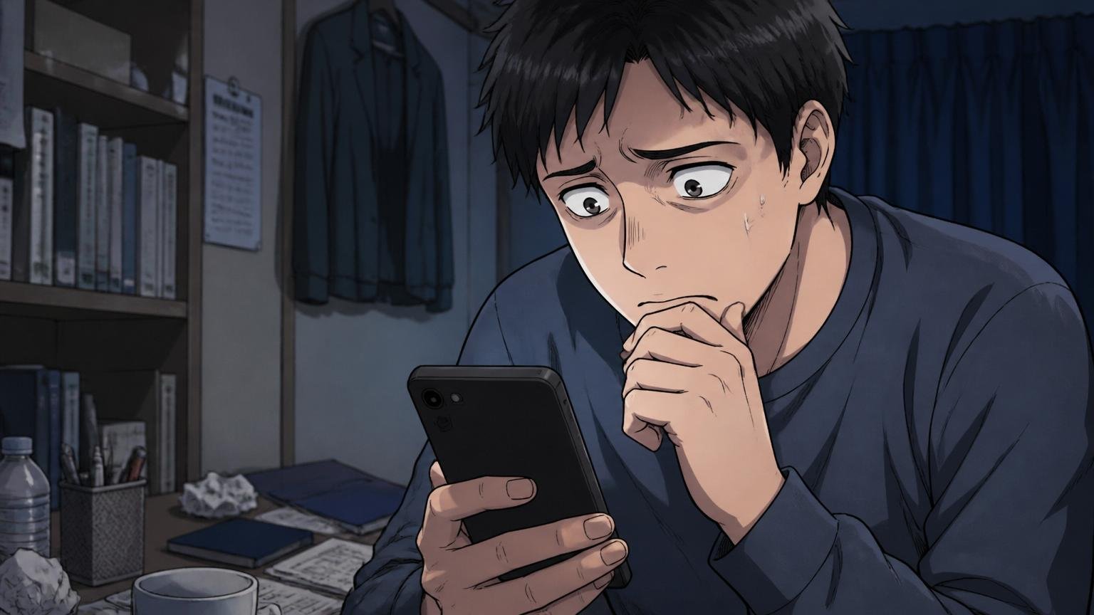 市場価値を知らないまま迷い続けることの本当のリスク 自宅の暗い部屋で深夜にスマホを見て悩む社員1人 不安そうな表情