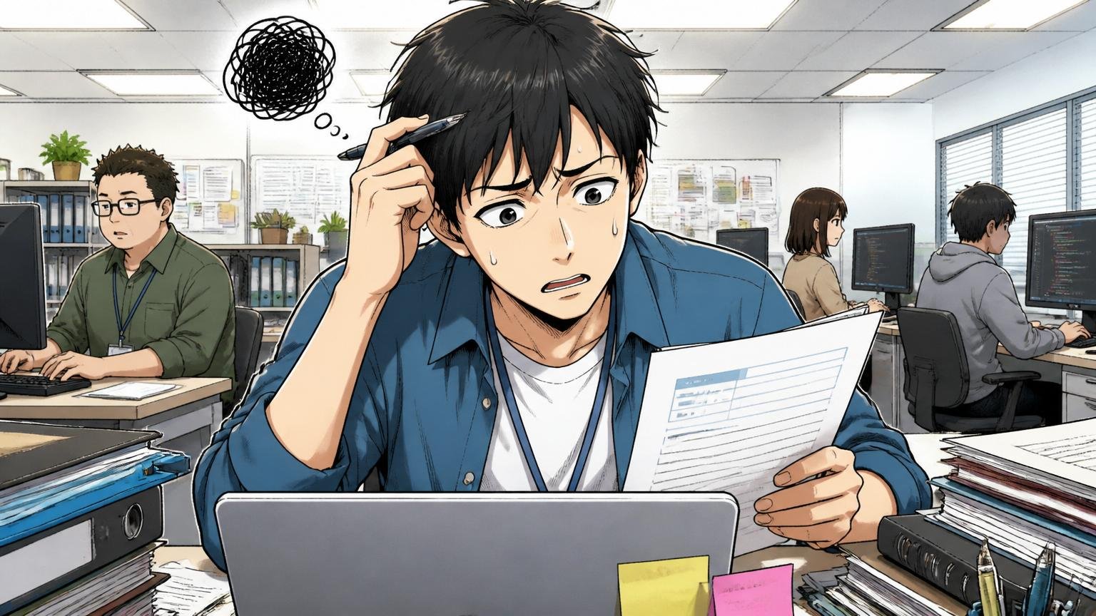 保守運用の経験を書けることがないと過小評価している、SIerの開発現場で職務経歴書を前に手が止まるエンジニア1人、困った表情