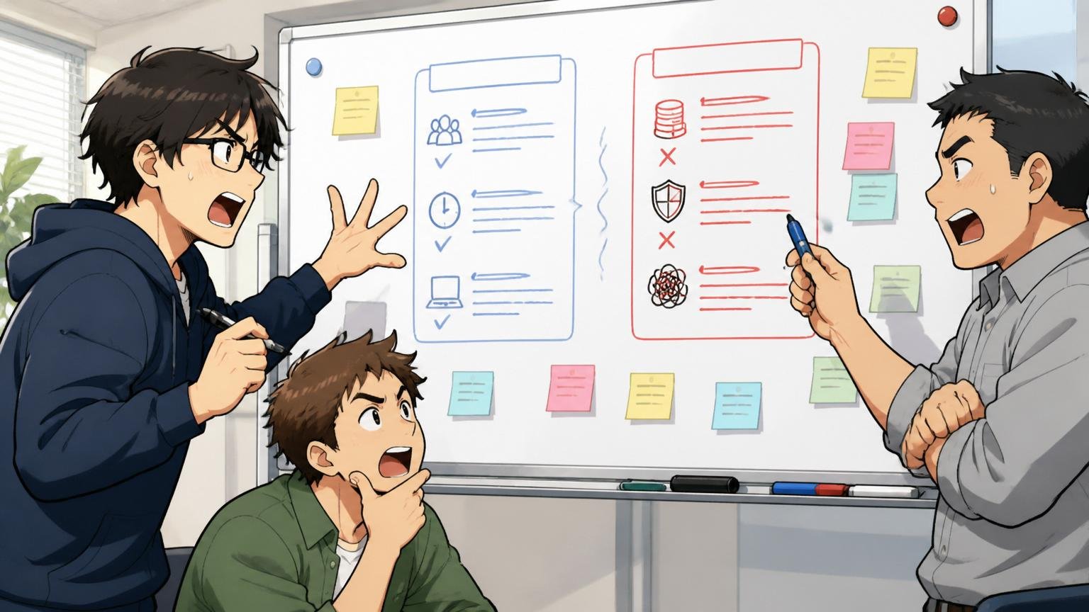 企業の会議室のホワイトボードに残る場合のメリットとデメリットを書き出して整理する3人のエンジニア